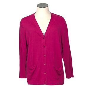NWOT Talbots Woman 2X Long Sleeve Cardigan Raspberry Pink Cotton Blend V Neck